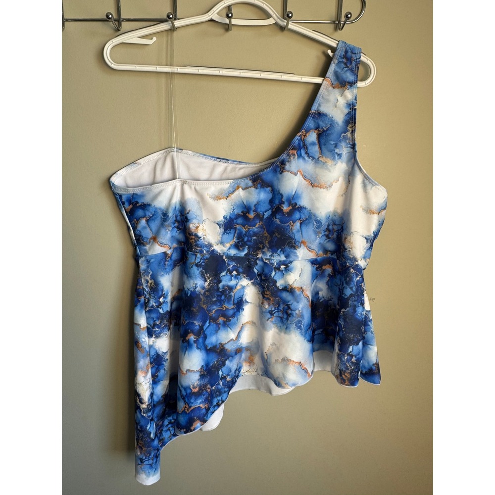 ACX Active One Shoulder Tankini Top and Skortini Swim Set Blue Marble Size 2X